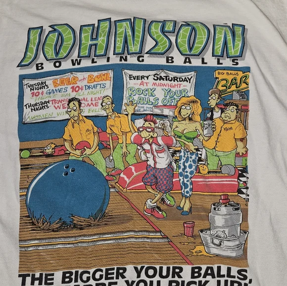 Vintage 90s Big Johnson Bowling Balls Crude Humor White Shirt XL Single  Stitch